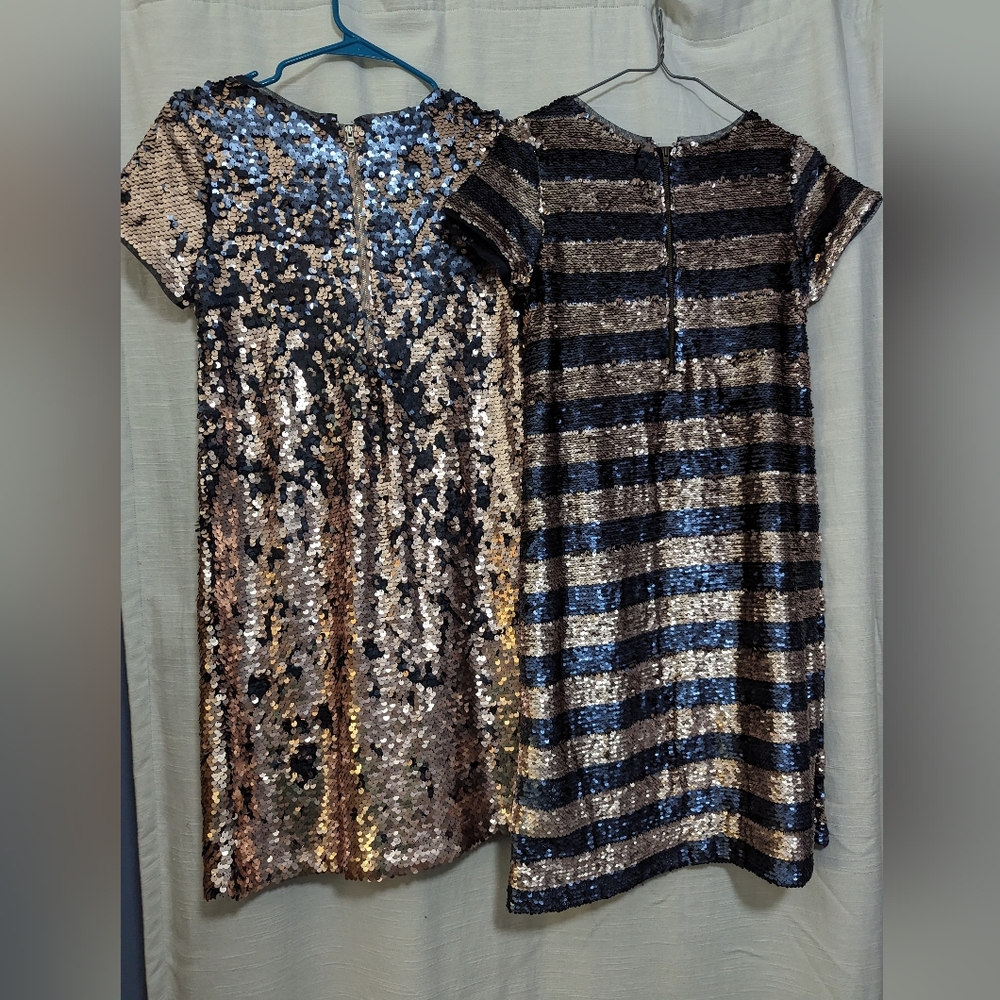 Two GAP kids XXL glitter sparkle sequined rose gold and navy dresses - Picture 2 of 13